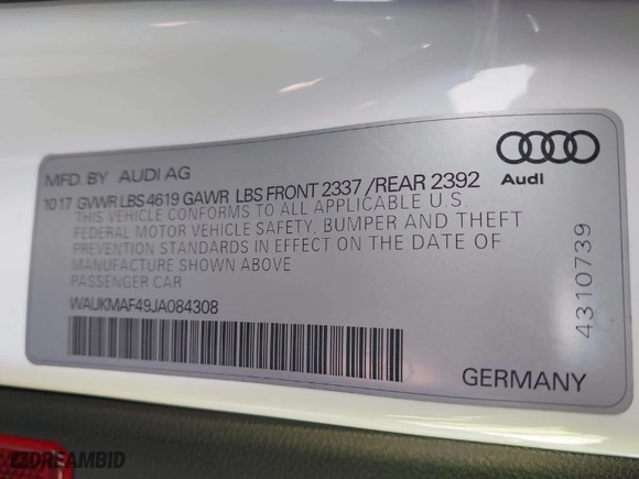 2018 Audi A4 Premium with VIN WAUKMAF49JA084308, listed as a IAAI auction lot 41598408 with 32,380 mi miles. Bid and sale history available at carsss.com. Image 9.