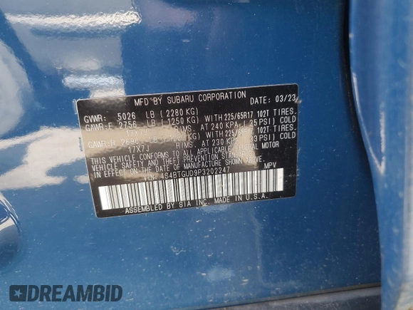 2023 Subaru Outback Wilderness с VIN 4S4BTGUD9P3202247, выставлен на аукционе Copart как лот 54360375 с пробегом 25 172 миль миль и Списание • Salvage title. История ставок и продаж доступна на DreamBid. Изображение 13.