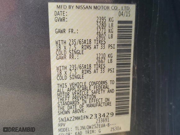 2015 Nissan Murano SV with VIN 5N1AZ2MH1FN233429, listed as a Copart auction lot 50304795 with 103,429 mi miles and Salvage Title. Bid and sale history available at carsss.com. Image 13.