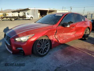 2021 Infiniti Q50 Red Sport 400 with VIN JN1FV7DP4MM850257, listed as a Copart auction lot 42459615 with 46,003 mi miles and Salvage Title. Bid and sale history available at DreamBid. Image 1.