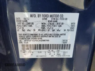 2012 Ford F-150 XL with VIN 1FTNF1CF5CKD98700, listed as a Copart auction lot 43165675 with 65,089 mi miles and Salvage title. Bid and sale history available at DreamBid. Image 12.