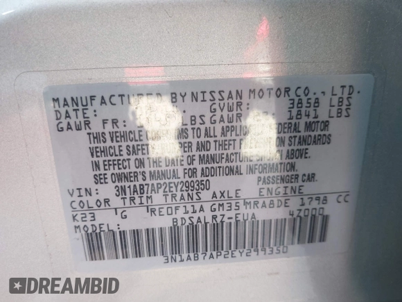 2014 Nissan Sentra S with VIN 3N1AB7AP2EY299350, listed as a IAAI auction lot 41965241 with 86,933 mi miles and . Bid and sale history available at DreamBid. Image 9.