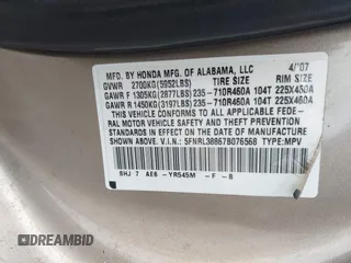 2007 Honda Odyssey Touring z VIN 5FNRL38867B076568, wystawiony jako IAAI lot #42355334 z przebiegiem 211 726 mil mil oraz . Historia ofert i sprzedaży dostępna na DreamBid. Obrazek 9.