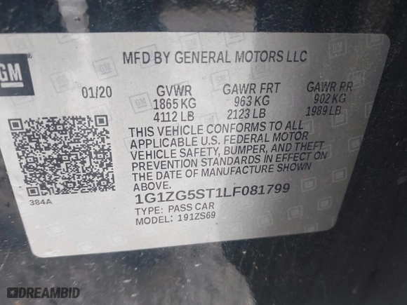 2020 Chevrolet Malibu RS with VIN 1G1ZG5ST1LF081799, listed as a IAAI auction lot 41942911 with 98,331 mi miles. Bid and sale history available at carsss.com. Image 9.