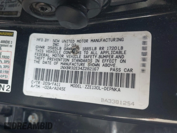 2004 Toyota Corolla CE with VIN 1NXBR32E34Z282167, listed as a IAAI auction lot 41832630 with 174,061 mi miles. Bid and sale history available at carsss.com. Image 9.