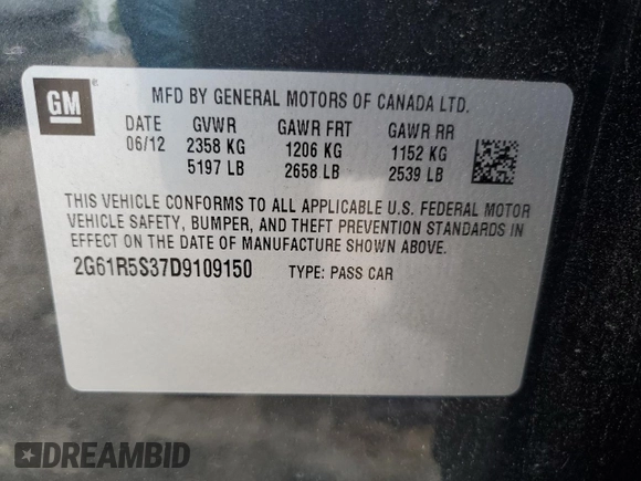 2013 Cadillac XTS Luxury with VIN 2G61R5S37D9109150, listed as a Copart auction lot 64238185 with 22,633 mi miles and Salvage title. Bid and sale history available at DreamBid. Image 13.