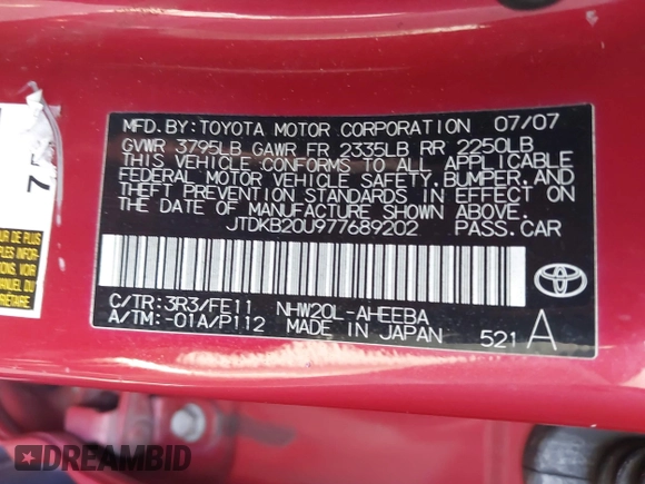 2007 Toyota Prius with VIN JTDKB20U977689202, listed as a IAAI auction lot 42271744 with Not Provided miles and . Bid and sale history available at DreamBid. Image 9.