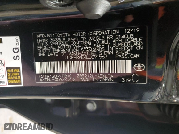 2020 Toyota Corolla LE with VIN JTDEPRAE4LJ091563, listed as a Copart auction lot 50547315 with 48,161 mi miles and Salvage Title. Bid and sale history available at carsss.com. Image 12.
