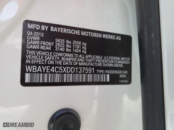 2013 BMW 7 Series 740Li with VIN WBAYE4C5XDD137591, listed as a Copart auction lot 44581175 with 138,173 mi miles and Salvage Title. Bid and sale history available at carsss.com. Image 12.