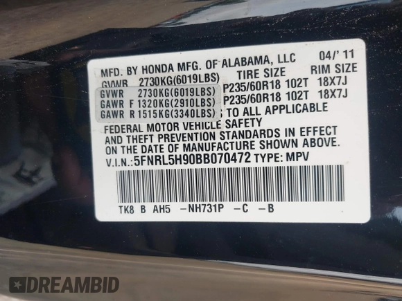 2011 Honda Odyssey Touring with VIN 5FNRL5H90BB070472, listed as a IAAI auction lot 42367710 with 203,589 mi miles and . Bid and sale history available at DreamBid. Image 9.