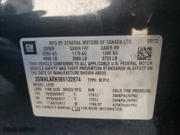 2014 Chevrolet Equinox LS with VIN 2GNALAEK9E6122874, listed as a Copart auction lot 50501595 with 135,170 mi miles and Salvage Title. Bid and sale history available at carsss.com. Image 14.