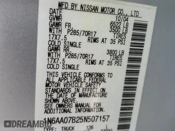 2005 Nissan Titan LE with VIN 1N6AA07B25N507157, listed as a Copart auction lot 88572475 with 57,322 mi miles and Non Repairable. Bid and sale history available at carsss.com. Image 13.