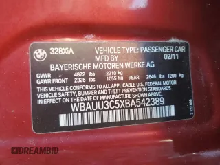 2011 BMW 3 Series 328i xDrive with VIN WBAUU3C5XBA542389, listed as a Copart auction lot 78275464 with 122,724 mi miles and Salvage Title. Bid and sale history available at DreamBid. Image 12.