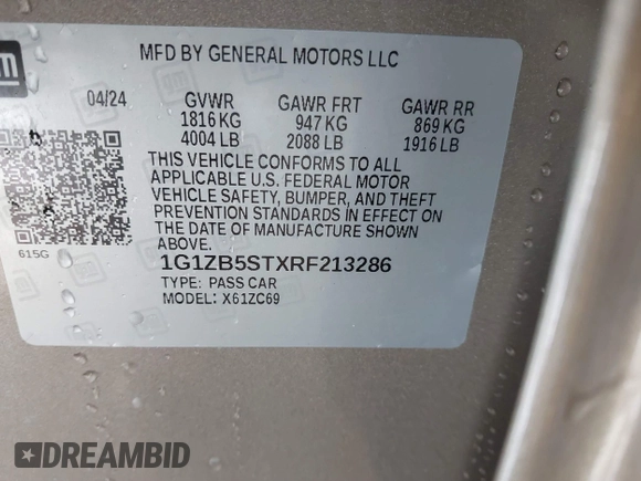2024 Chevrolet Malibu LS with VIN 1G1ZB5STXRF213286, listed as a IAAI auction lot 41070060 with 32,990 mi miles and . Bid and sale history available at DreamBid. Image 9.