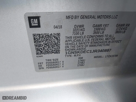 2018 Chevrolet Tahoe Commercial with VIN 1GNSKDEC1JR340887, listed as a IAAI auction lot 41044038 with 99,500 mi miles. Bid and sale history available at carsss.com. Image 9.