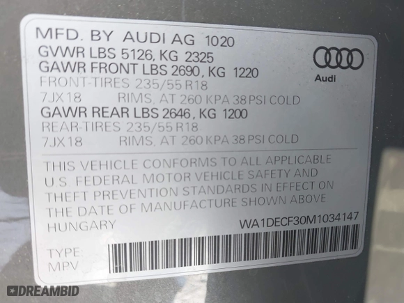 2021 Audi Q3 S line Premium with VIN WA1DECF30M1034147, listed as a IAAI auction lot 41809344 with 25,120 mi miles. Bid and sale history available at carsss.com. Image 9.