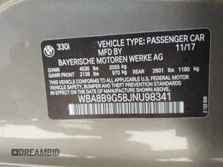 2018 BMW 3 Series 330i with VIN WBA8B9G58JNU98341, listed as a IAAI auction lot 41909777 with 85,396 mi miles and . Bid and sale history available at DreamBid. Image 9.