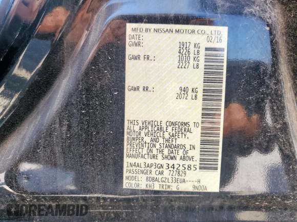 2016 Nissan Altima S with VIN 1N4AL3AP3GN342585, listed as a Copart auction lot 57850145 with 155,446 mi miles and Salvage title. Bid and sale history available at DreamBid. Image 13.
