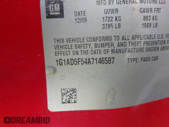2010 Chevrolet Cobalt 1LT with VIN 1G1AD5F54A7146587, listed as a IAAI auction lot 41879398 with 142,200 mi miles and . Bid and sale history available at DreamBid. Image 9.