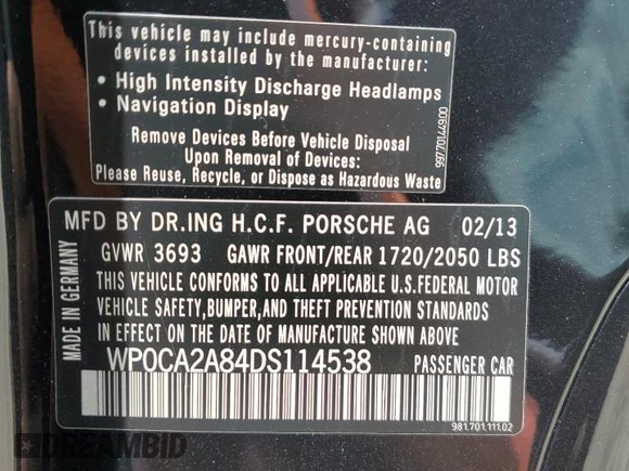 2013 Porsche Boxster с VIN WP0CA2A84DS114538, выставлен на аукционе Copart как лот 69744684 с пробегом 49 295 миль миль и Списание • Salvage title. История ставок и продаж доступна на DreamBid. Изображение 15.