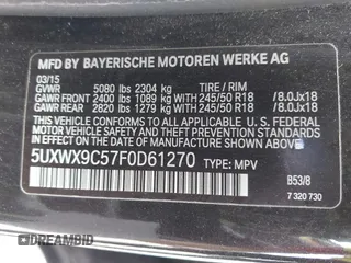 2015 BMW X3 xDrive28i with VIN 5UXWX9C57F0D61270, listed as a IAAI auction lot 42254938 with 185,550 mi miles and . Bid and sale history available at DreamBid. Image 9.