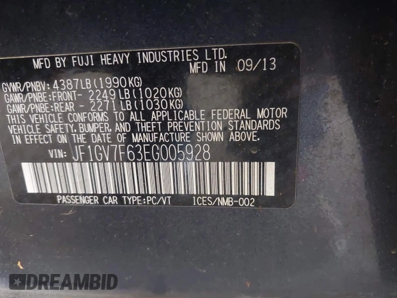 2014 Subaru WRX WRX Premium with VIN JF1GV7F63EG005928, listed as a IAAI auction lot 42140987 with 89,730 mi miles and . Bid and sale history available at DreamBid. Image 9.