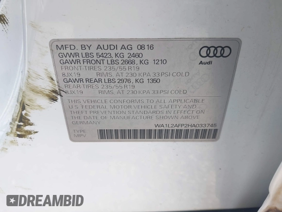 2017 Audi Q5 Premium Plus z VIN WA1L2AFP2HA033745, wystawiony jako IAAI lot #42277650 z przebiegiem 184 476 mil mil oraz . Historia ofert i sprzedaży dostępna na DreamBid. Obrazek 9.