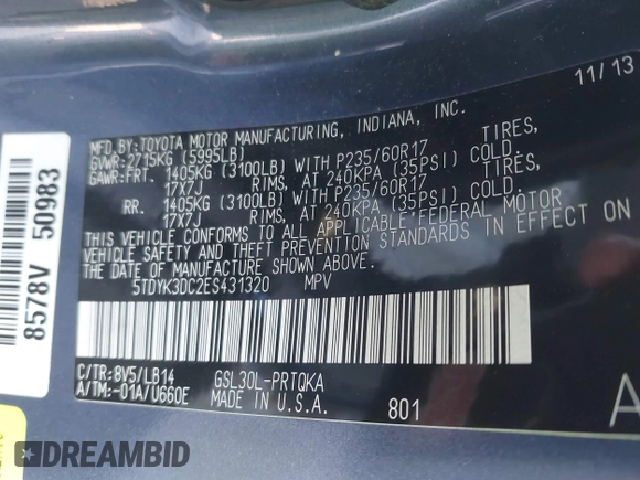 2014 Toyota Sienna XLE with VIN 5TDYK3DC2ES431320, listed as a IAAI auction lot 41977059 with 158,711 mi miles and . Bid and sale history available at DreamBid. Image 9.