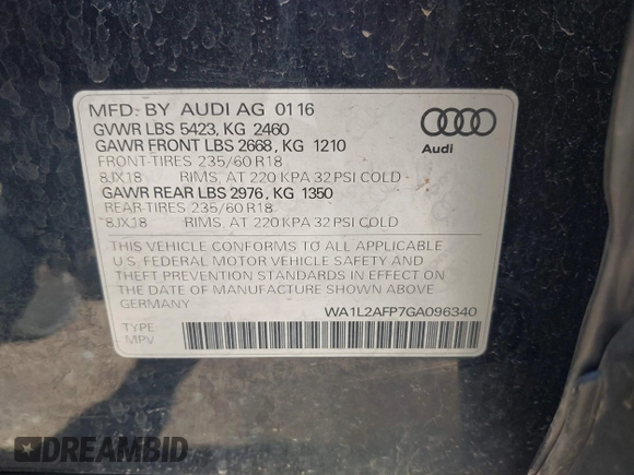 2016 Audi Q5 Premium Plus with VIN WA1L2AFP7GA096340, listed as a IAAI auction lot 42549777 with 81,147 mi miles and . Bid and sale history available at DreamBid. Image 9.