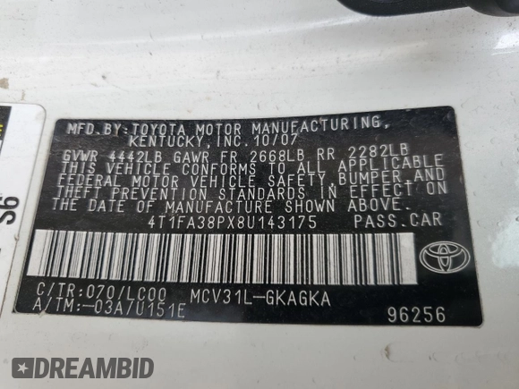 2008 Toyota Solara SE z VIN 4T1FA38PX8U143175, wystawiony jako Copart lot #55334545 z przebiegiem 216 534 mil mil oraz Szkoda całkowita • Salvage title. Historia ofert i sprzedaży dostępna na DreamBid. Obrazek 12.