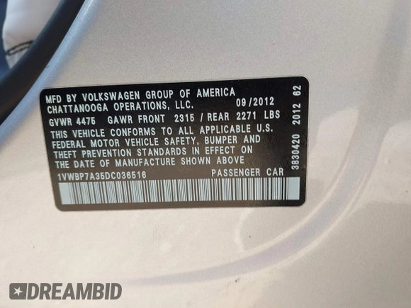 2013 Volkswagen Passat SE w/Sunroof & Nav with VIN 1VWBP7A35DC036516, listed as a IAAI auction lot 41545305 with 182,266 mi miles. Bid and sale history available at carsss.com. Image 9.