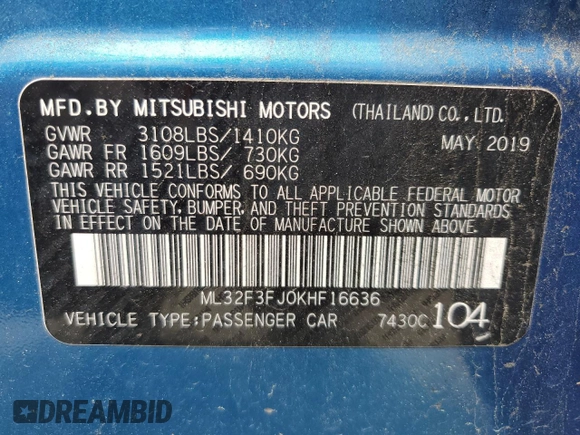2019 Mitsubishi Mirage ES z VIN ML32F3FJ0KHF16636, wystawiony jako Copart lot #58084715 z przebiegiem 74 305 mil mil oraz Szkoda całkowita • Salvage title. Historia ofert i sprzedaży dostępna na DreamBid. Obrazek 13.
