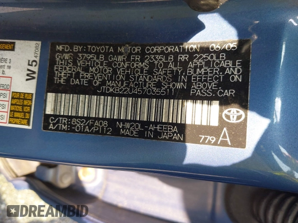 2005 Toyota Prius with VIN JTDKB22U457035511, listed as a IAAI auction lot 42175447 with 142,840 mi miles. Bid and sale history available at carsss.com. Image 9.