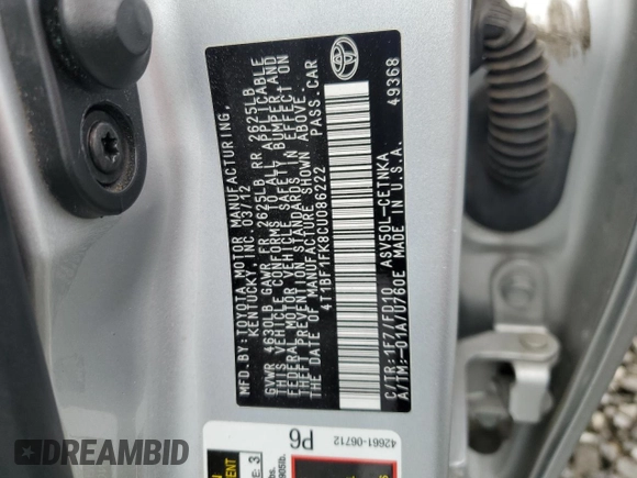 2012 Toyota Camry L with VIN 4T1BF1FK8CU086222, listed as a Copart auction lot 49425445 with 77,790 mi miles and Salvage Title. Bid and sale history available at carsss.com. Image 12.