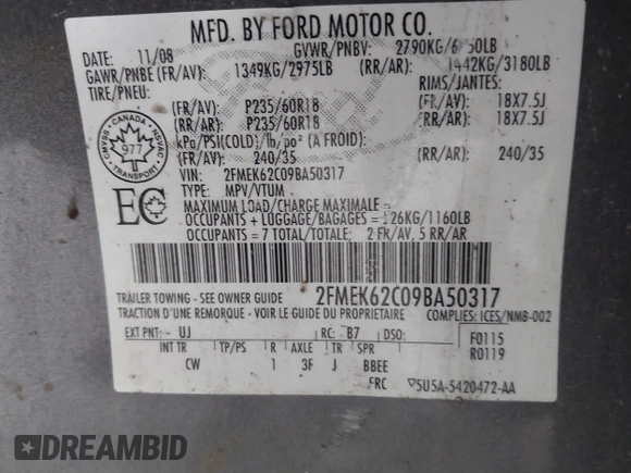 2009 Ford Flex SEL with VIN 2FMEK62C09BA50317, listed as a IAAI auction lot 41819275 with 171,813 mi miles. Bid and sale history available at carsss.com. Image 9.