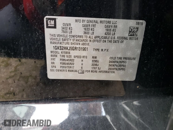 2016 GMC Yukon XL Denali with VIN 1GKS2HKJ5GR131961, listed as a Copart auction lot 53870844 with 130,745 mi miles and Salvage Title. Bid and sale history available at carsss.com. Image 14.