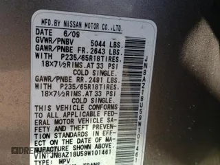 2009 Nissan Murano SL with VIN JN8AZ18U59W101461, listed as a Copart auction lot 71742834 with 184,088 mi miles and Salvage Title. Bid and sale history available at carsss.com. Image 14.