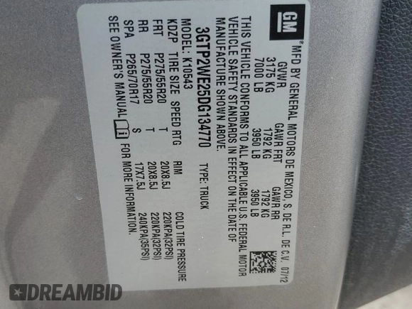 2013 GMC Sierra 1500 SLT with VIN 3GTP2WE25DG134770, listed as a Copart auction lot 59616535 with 212,304 mi miles and Salvage title. Bid and sale history available at DreamBid. Image 12.