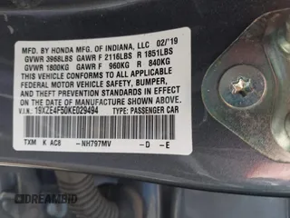 2019 Honda Insight EX with VIN 19XZE4F50KE029494, listed as a IAAI auction lot 41801571 with 117,555 mi miles and . Bid and sale history available at DreamBid. Image 9.