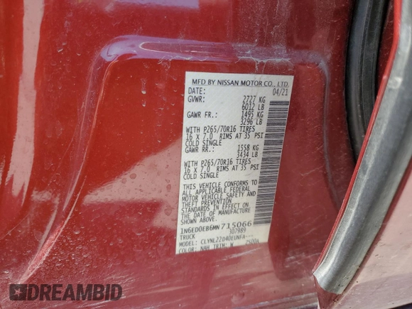 2021 Nissan Frontier SV with VIN 1N6ED0EB6MN715066, listed as a Copart auction lot 56553125 with 45,948 mi miles and Salvage title. Bid and sale history available at DreamBid. Image 13.