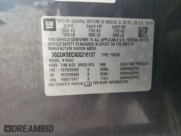 2016 Chevrolet Silverado 1500 LTZ with VIN 3GCUKSEC9GG216137, listed as a Copart auction lot 50739155 with 164,544 mi miles and Salvage Title. Bid and sale history available at carsss.com. Image 14.