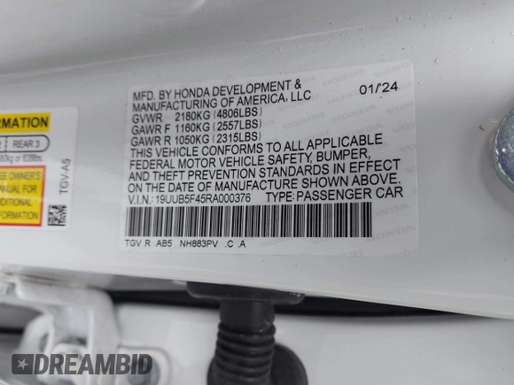 2024 Acura TLX Technology with VIN 19UUB5F45RA000376, listed as a IAAI auction lot 41322212 with Not Provided miles and . Bid and sale history available at DreamBid. Image 9.