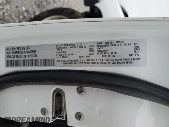 2023 Ram 1500 Tradesman with VIN 3C6RR7KG4PG649569, listed as a Copart auction lot 51796845 with 38,614 mi miles and Salvage title. Bid and sale history available at DreamBid. Image 14.