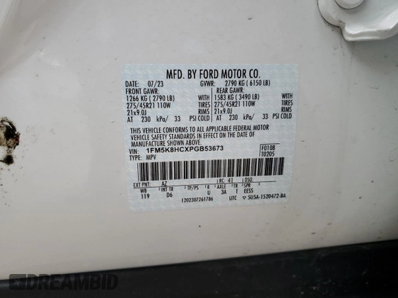2023 Ford Explorer Platinum с VIN 1FM5K8HCXPGB53673, выставлен на аукционе Copart как лот 53692795 с пробегом 11 351 миль миль и Списание • Salvage title. История ставок и продаж доступна на DreamBid. Изображение 13.