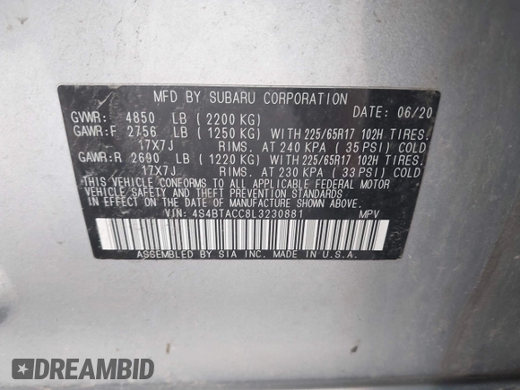 2020 Subaru Outback Premium z VIN 4S4BTACC8L3230881, wystawiony jako IAAI lot #42295922 z przebiegiem 124 275 mil mil oraz . Historia ofert i sprzedaży dostępna na DreamBid. Obrazek 9.