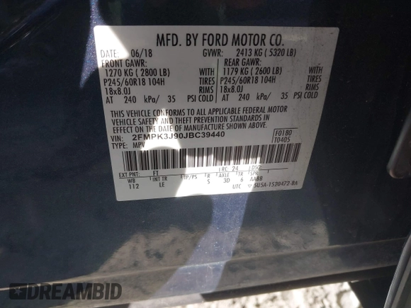 2018 Ford Edge SEL with VIN 2FMPK3J90JBC39440, listed as a IAAI auction lot 41745107 with 120,945 mi miles. Bid and sale history available at carsss.com. Image 9.