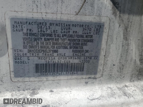 2014 Nissan Note S Plus with VIN 3N1CE2CP6EL371860, listed as a Copart auction lot 53370445 with 201,568 mi miles and Salvage Title. Bid and sale history available at DreamBid. Image 12.