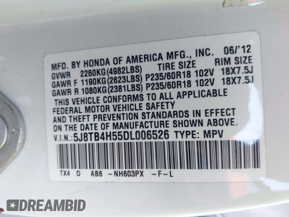 2013 Acura RDX Technology with VIN 5J8TB4H55DL006526, listed as a IAAI auction lot 42455343 with Not provided miles and . Bid and sale history available at DreamBid. Image 9.