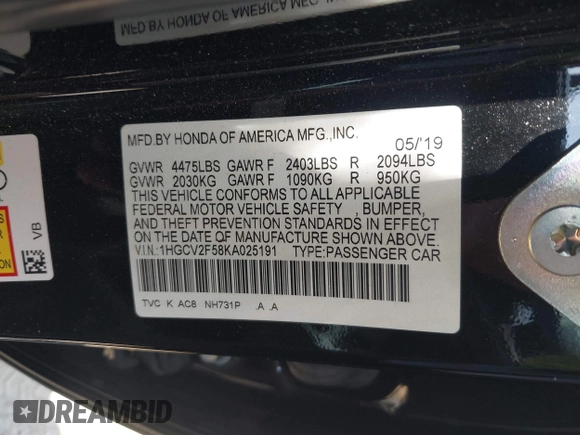 2019 Honda Accord EX-L with VIN 1HGCV2F58KA025191, listed as a IAAI auction lot 42349371 with 68,225 mi miles and . Bid and sale history available at DreamBid. Image 9.