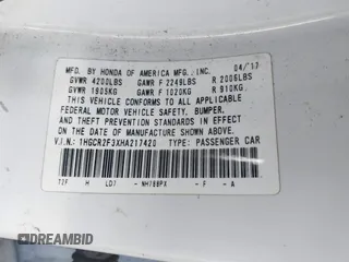 2017 Honda Accord Sedan LX with VIN 1HGCR2F3XHA217420, listed as a IAAI auction lot 41347762 with Not Provided miles. Bid and sale history available at carsss.com. Image 9.